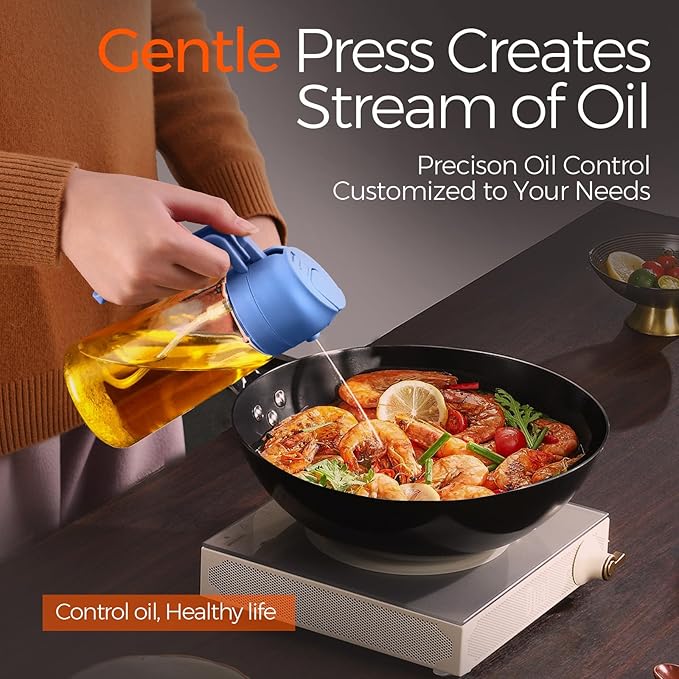 YARRAMATE 16oz/470ml Glass Olive Oil Sprayer for Cooking with Stickers, 2 in 1 Oil Dispenser for Kitchen Gadgets, Food Grade Premium Spray Bottle with Portion Control for Salad, BBQ(SkyBlue)