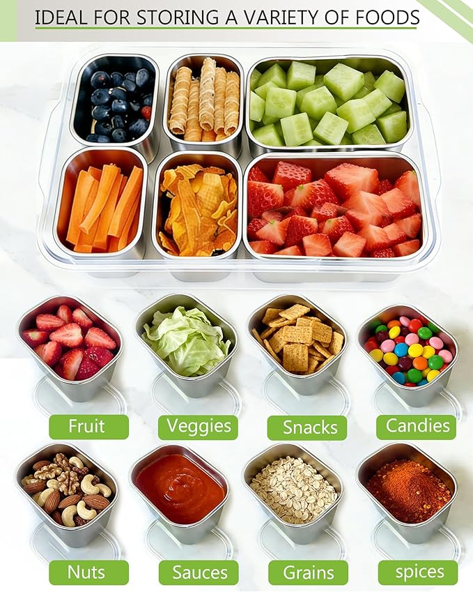 Snackle Box Container, Stainless Steel Divided Serving Tray with Lid and Handle, Large Snack Tray for Fruit Veggie Candy, 6-Compartment Snack Platter for Travel Party Beach Picnic
