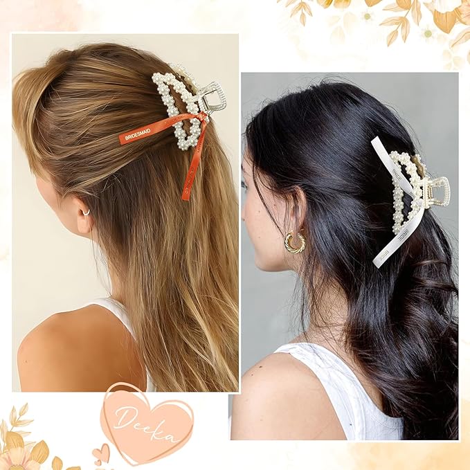 DEEKA Bridesmaid Proposal Gifts 8 Pack Pearl Bridesmaid Hair Claw Clips with Ribbon 3 Inch Hair Clips Bachelorette Party Favors Bridal Party Present Hair Accessories (Half Circle White&Orange)