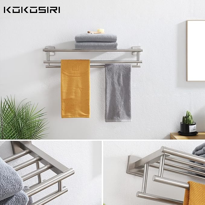 KOKOSIRI 24 Inch Towel Shelf with Double Towel Bars Bathroom Towel Rack Towel Holder Wall Mounted SUS 304 Stainless Steel, Brushed Nickel, B6005BR-L24