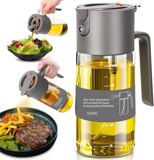 2 in 1 500ml/17oz Oil Sprayer for Cooking, 2026 Large Advanced Glass Olive Oil Dispenser Bottle w/stickers, Even Spray with Portion Control for Kitchen, Air Fryer, Salad, BBQ - Grey