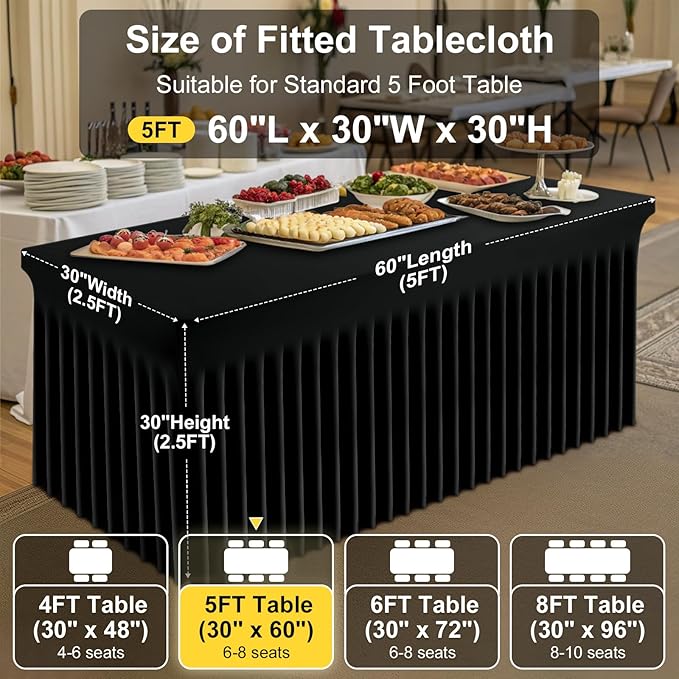 Smiry Spandex Tablecloth, Elastic Fitted Stretch Tablecloth for 5FT Rectangle Tables, Waterproof Washable Table Cover Skirt for Outdoor, Wedding, Banquet & Parties (Black, 60Lx30Wx30H Inch)