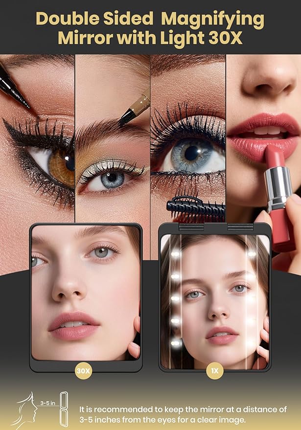 Compact Mirror, Rechargeable 30X Magnifying Mirror with 3 Lighting Modes & Dimmable Brightness, Portable Travel Makeup Mirror with Light, Essentials for Travel, Pocket, Purse, Gifts for Women Black