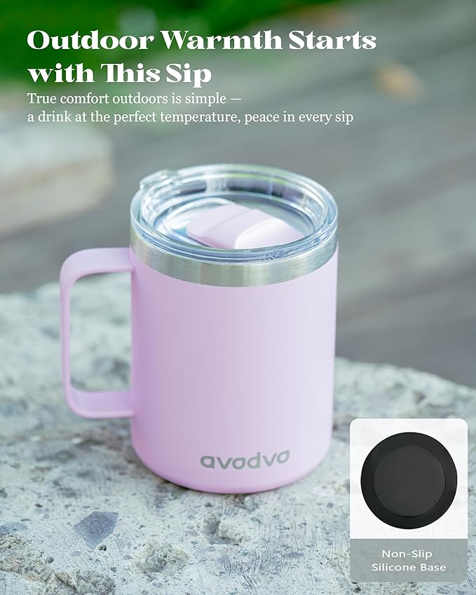 12oz Insulated Coffee Mug with Lid – Includes Two Lids, Stainless Steel Coffee Travel Mug with Handle, Double Wall Vacuum Insulated Camping Mug for Home, Office & Outdoor, Pink