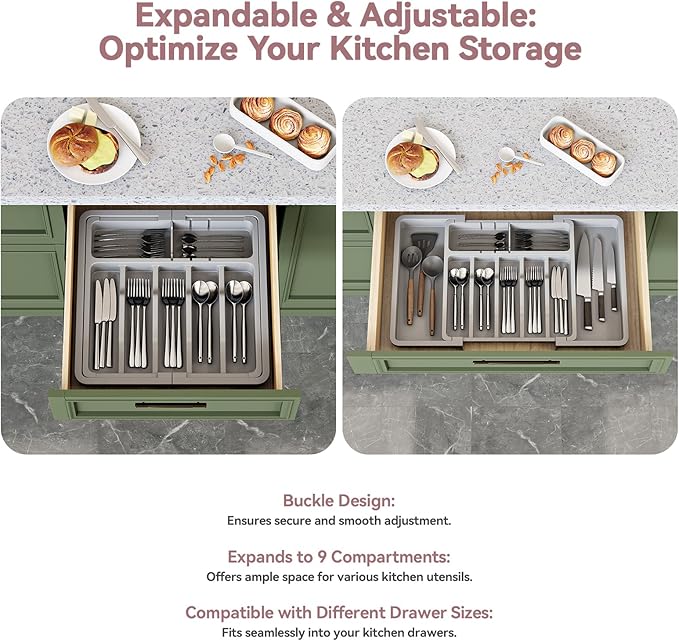 2 Pack Silverware Organizer, Expandable and Adjustable Kitchen Utensil Drawer Organizer, Plastic Cutlery Holder with Multiple Compartments,Cutlery Holder,for Spoons Forks Knives,Grey,UAFD012G