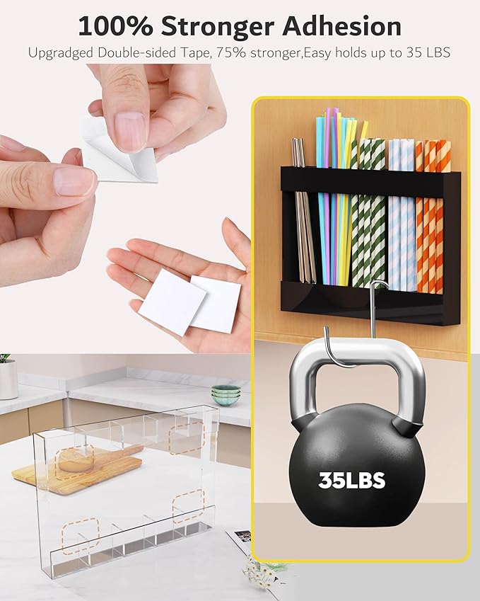 Acrylic Straw Holder & Organizer - Compact, Adhesive Tape Included for Easy Installation - Perfect for Countertops, Cabinets, or Kitchen Storage (Black-5 Compartments)
