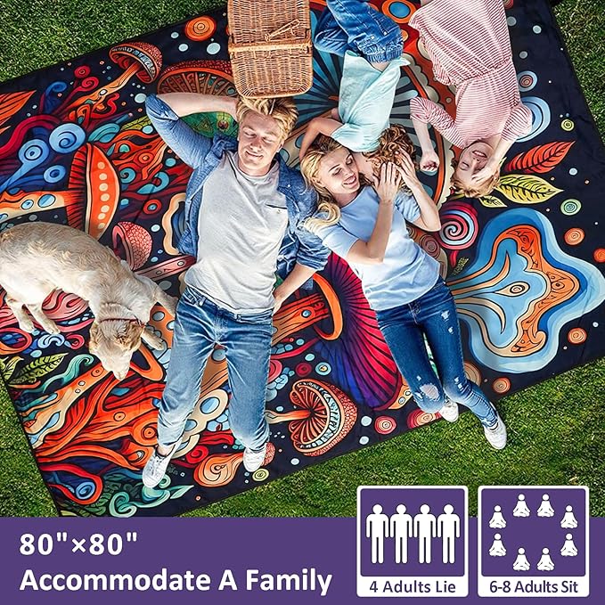 Mushroom Picnic Blankets Waterproof Foldable Picnic Outdoor Blanket 80"x 80" Picnic Mat 3-Layer Thicking Outdoor Foldable Blankets Sandproof Lightweight Beach Blankets with Strap Machine Washable