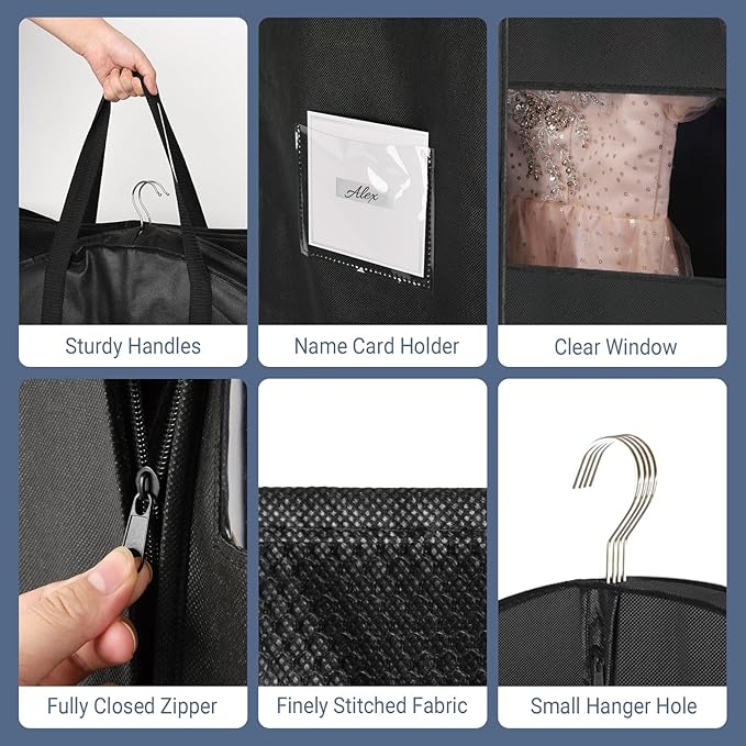 2 Pack 65" Long Garment Bags for Dress Travel Garment Bag with 4" Gusseted Wedding Dress Cover with 2 Mesh Pockets and 2 Carry Handles(Black)