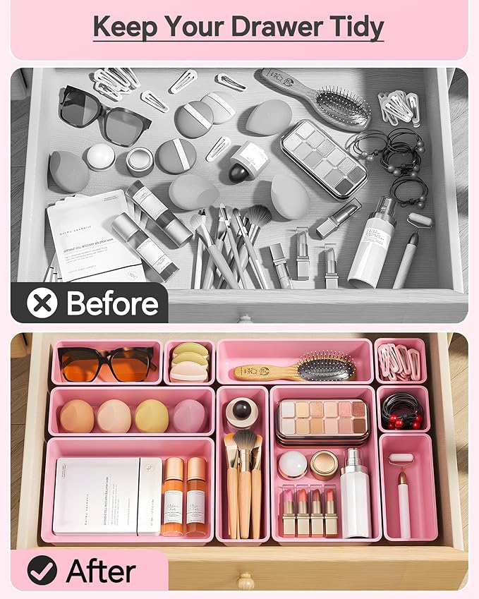 25 PCS Plastic Drawer Organizers Set, 4 Sizes Vanity Organizer, Makeup and Desk Drawer Organizer Trays, Organization and Storage for Makeup, Bathroom, Kitchen Utensils and Office (Pink)