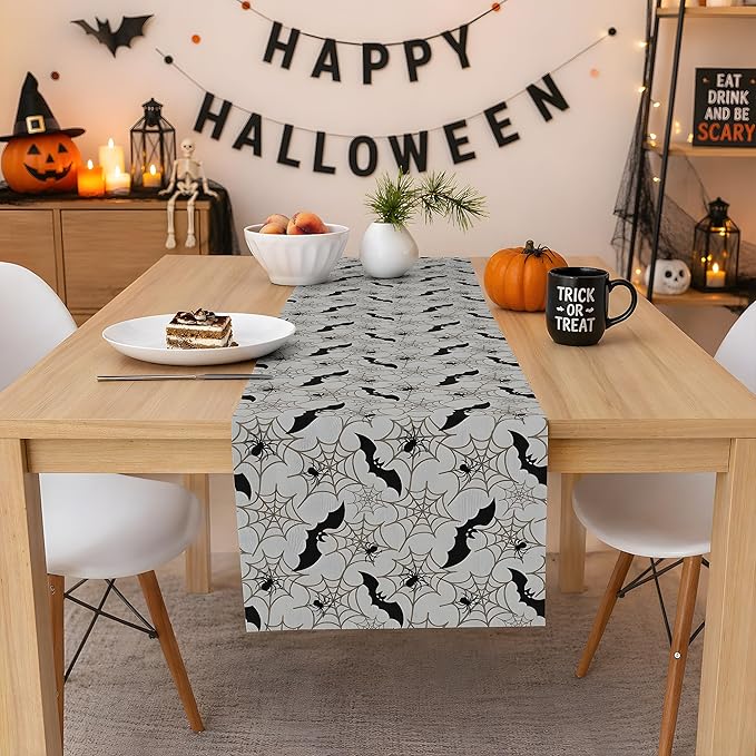Halloween Decorations - Bats Spider Web Table Runner | Halloween Party Favors for Indoor Outdoor - Halloween Decor Supplies Backdrop Tablecloth for Home Office Kitchen