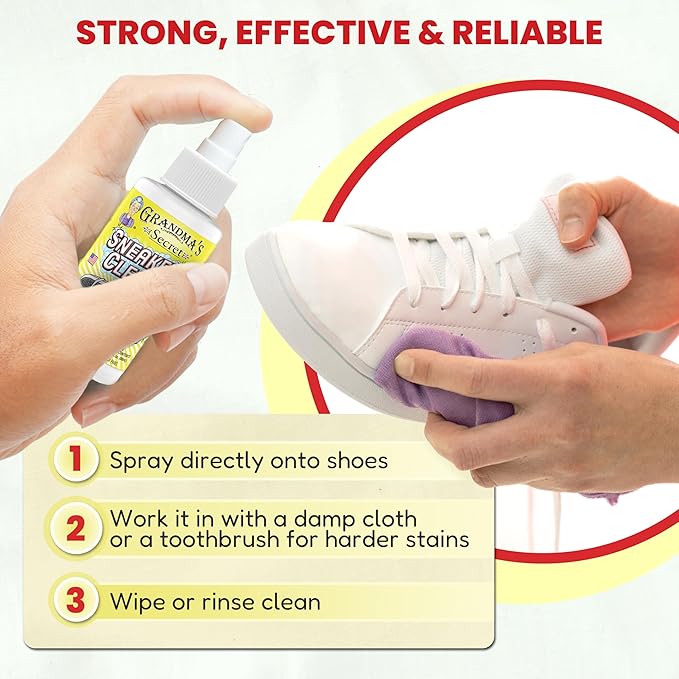 Grandma's Secret Shoe Cleaner - Stain Remover Spray for Rubber, Canvas and Leather - Removes Dirt, Grime and Grass - Sneakers Cleaner for Outdoor Shoes, Slippers and Moccasins - 3 Ounce