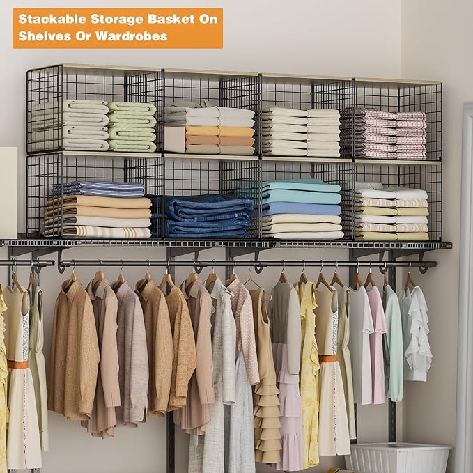 Extra-Long Closet Organizers and Storage with Top Board, 3 Pack Stackable Closet Shelf Organizer, Double Storage Design Clothes Storage Cube/Bin Organizer for Wardrobe, Space-Saving, Black, Sturdy, Metal