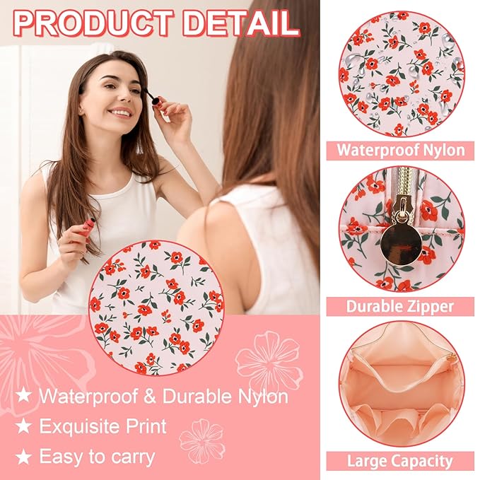 Waterproof Large Floral Makeup Pouch,Nylon Travel Toiletry Storage Purse Preppy Cosmetic Bag for Women Girl,Large Capacity Makeup Organizer Zipper Pouch for Work(L Pink-Flowers)