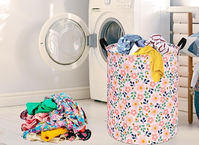 Kids Flower Hamper Storage Bins,Girls Room Decor Laundry Basket,Waterproof Clothes Organizer for Women Toy Box Large Canvas Collapsible Chest for Home/Dorm/Kitchen/Pet/Office/Closet/Shelf/Gifts