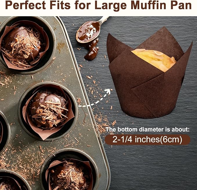 100pcs Extra Large Size Tulip Cupcake Liners for Baking Cups, Food Graded Parchment Paper Large Muffin Liners Holders, Greaseproof Cup cake Wrappers for Party, Christmas by Neyimqr (Coffee)