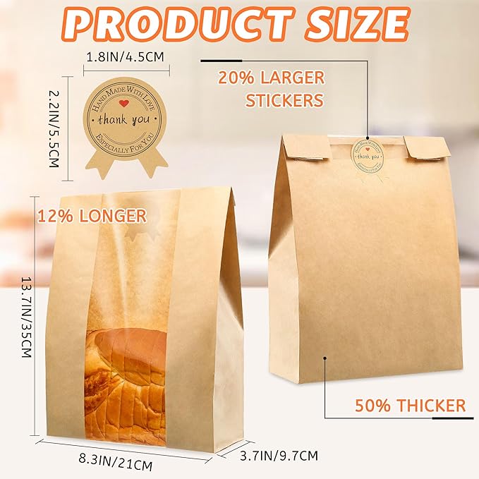 200 Pcs Bread Bags for Homemade Bread, Sourdough Paper Bags With Window, 50% Thicker 13.7x8.2x3.7in, A Large Bakery Bag Used for Storage Sourdough & Snacks, 210 Cute Sealing Stickers With Ties
