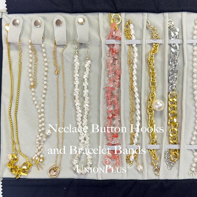 UnionPlus Velvet Travel Jewelry Case Roll Bag for Necklaces Brackets Earrings Rings, Black