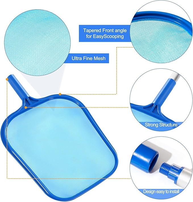 Pool Skimmer - Pool Skimmer Net with 5 Aluminum Pole Sections 64'', Skimmer Net with Fine Mesh Net for Cleaning Leaf of Swimming Pools, Spas, Hot Tubs and Fountains