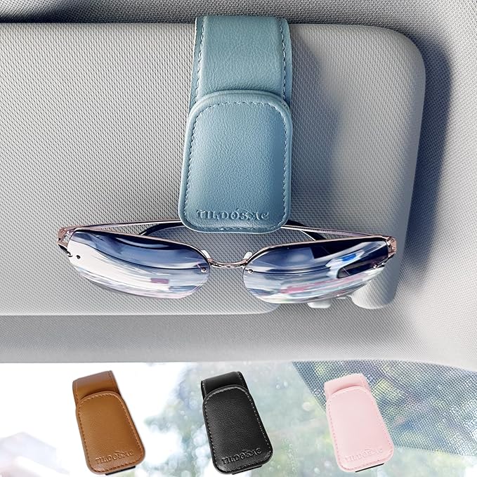 Sunglasses Holder for Car Visor, Leather Magnetic Sunglass Holder for Car with Clip, Blue