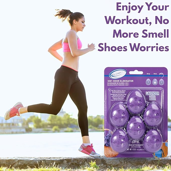 Air Jungles Shoes Deodorizer Ball 6 Count, Lavender Scent, Odor Remover Balls for Sneakers, Gym Bags, Lockers, Closets, Hampers, and Drawers. Essential Oil Provides Natural Freshness