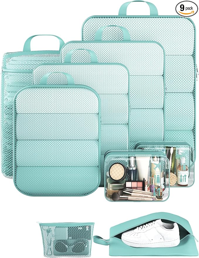 Veken 9/11 Set Compression Packing Cubes for Travel Essentials,Compressible Expandable Large Luggage Suitcase Organizer Bags for Clothing,Durable Space Saver Storage Bags(Blue Green)