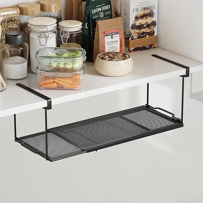 2 Pack Expandable Under Cabinet Shelf, Under Shelf Storage with 0.94 Inches Thick Clips for Kitchen Cupboard, Metal Hanging Under Desk Basket for Laundry Room, Shoe Rack