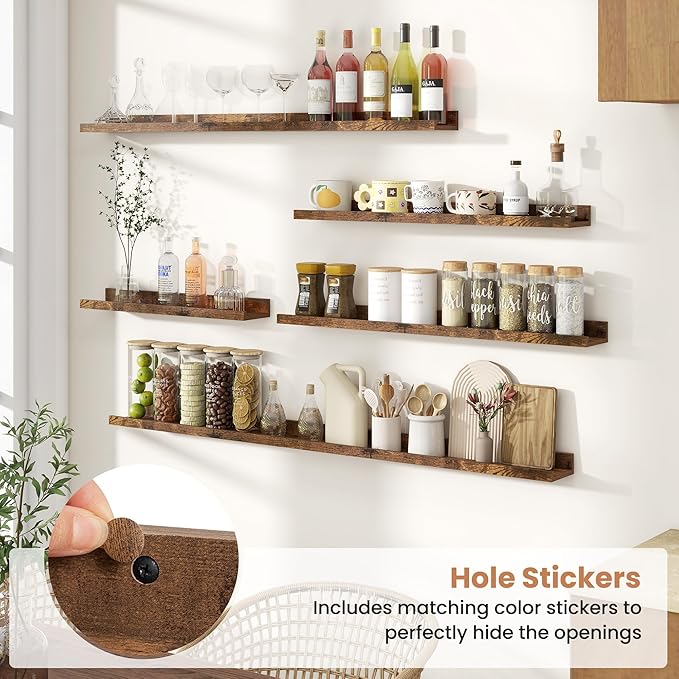 Fun Memories Picture Ledge Shelves Set of 2, 55 Inch Rustic Wall Mounted Floating Shelves with Lip for Home Storage and Decor in Bathroom, Kitchen, Nursery, Bedroom, Living Room, Brown