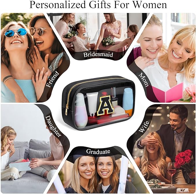 YOOLIFE Travel Clear Makeup Bag Toiletry Bag, Make up Bag Waterproof Toiletry Bags for Women Cosmetic Bag Birthday Gifts for Women Personalized Mother Girlfriend Wife Bridesmaid Gifts Black Letter S