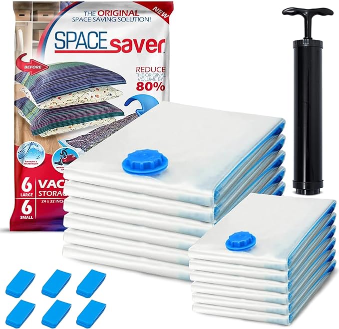 12 Pack Variety Vacuum Storage Bags for Comforters, Blankets & Clothes – Vacuum Sealed Compression Bags with Hand Pump – Space Saver Storage Bags for Bedding, Moving, Travel & Organization (6S & 6L)