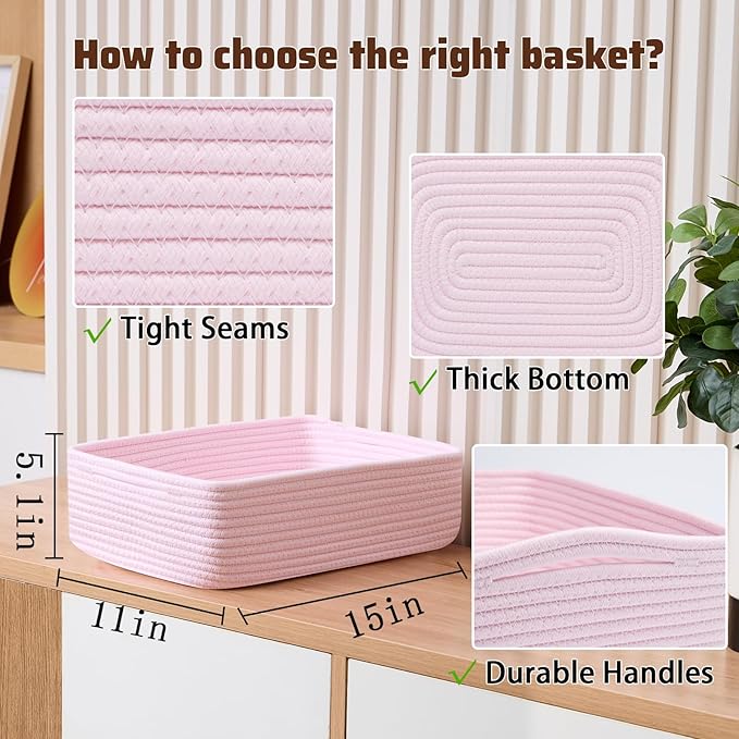 MiniArk Large Shallow Organizing Baskets 15x11x5.1 Inches - Rope Woven Storage Bins for Bathroom, Shelves, Cube Closet, Light Pink 3 Packs