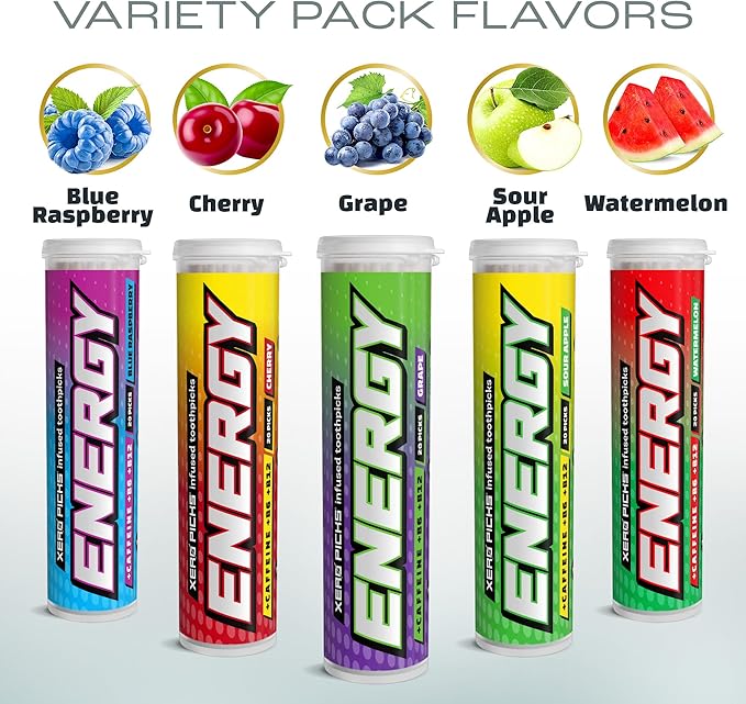 Xero Picks Energy Caffeine Flavored Toothpicks B12 for Focus & B6, 60 Picks (Pack of 5) (Variety Pack) Sugar-Free Alternative to Energy Mints & Gum - Kosher