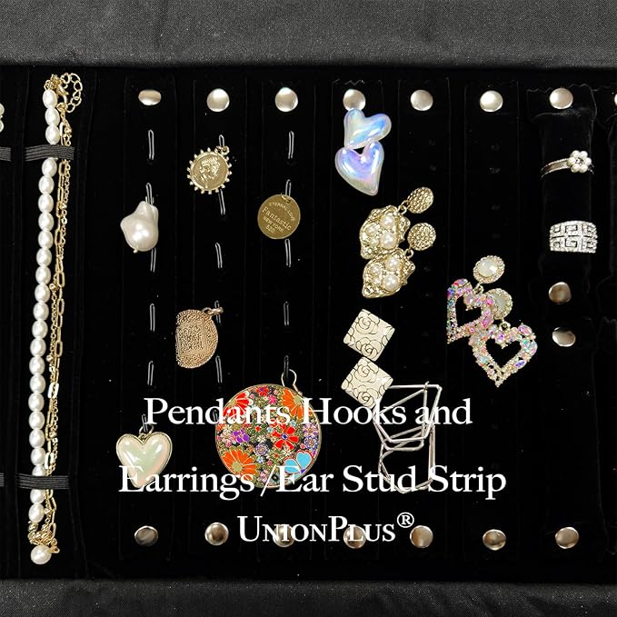 UnionPlus Velvet Jewelry Case Roll Bag for Necklace Bracelets, Extra Large with Elastic Band for Necklaces, Great Jewelry Organizer for Travel (Black - Multi)