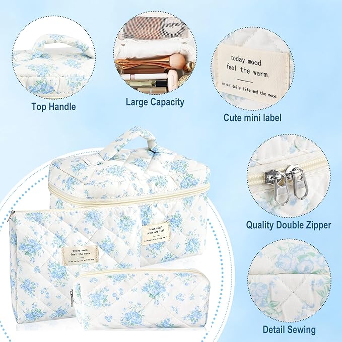 3Pcs Cotton Quilted Makeup Bag for Women Girls Large Small Travel Floral Cosmetic Bags Set Cute Coquette Zipper Makeup Pouch for Purse Aesthetic Cloth Flower Storage Toiletry Bag Organizer