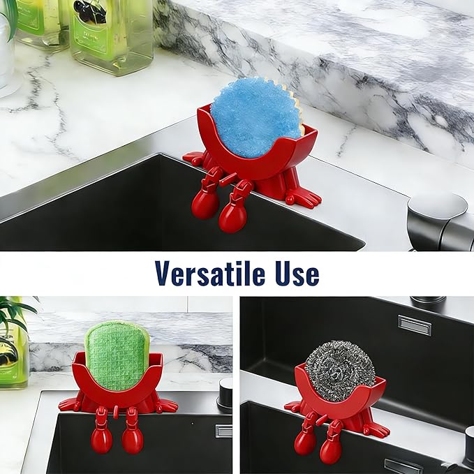 Cute Hanging Sponge Holder with Drainage, 3D Printed Kitchen Funny Sponge Stand for Sink, with Non-Slip Pads, Suitable for Scrub Daddy Holder, Keeps Your Sponge Dry and Smiling (Red)