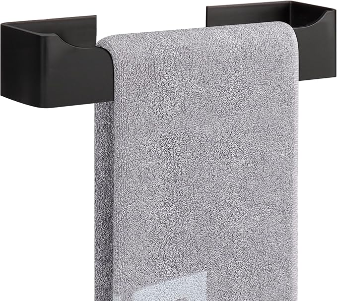 NearMoon Self Adhesive Hand Towel Holder/Towel Ring, Stainless Steel Hand Towel Bar Rustproof Stick on Wall-Towel Rack for Bathroom/Kitchen, Square Sticky and Wall Mounted (9 Inch, Matte Black)