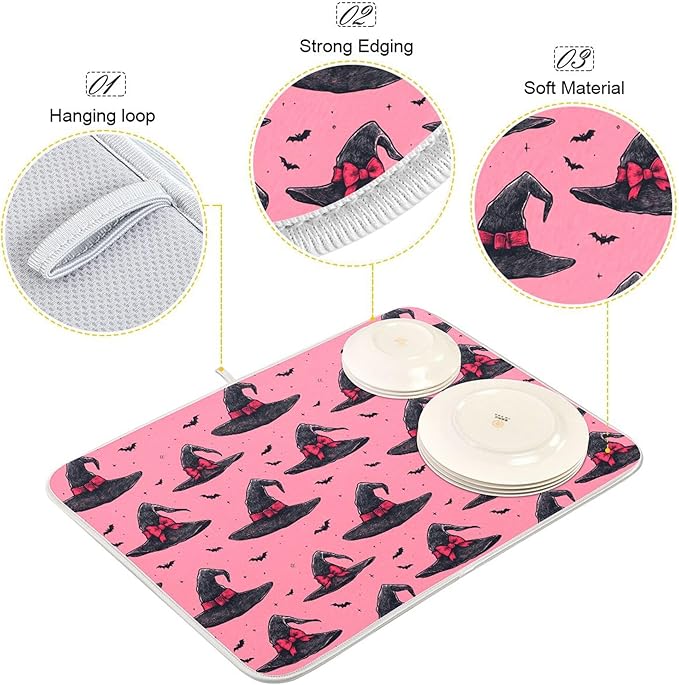 Witch Bow Hot Pink Dish Drying Mat for Kitchen Countertop 16x18 Halloween Bowknot Bat Small Drying Mat Reusable Quick Dry Dish Sink Mats Easy Clean Decorative Essentials
