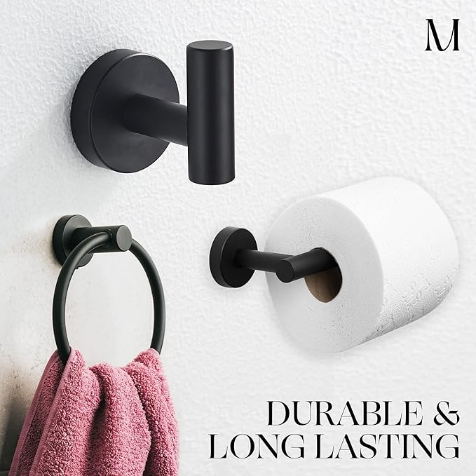 Marmolux Acc - 3 Piece Bathroom Hardware Set with Matte Black Toilet Paper Holder, Towel Ring & Towel Hook - Stainless Steel Matte Black Bathroom Accessories Set. - Bathroom Accessory - Bathroom Set