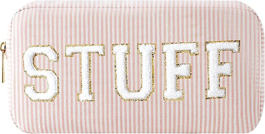 uekeboag Seersucker Chenille Letter Stuff Meds RX Makeup Bag, Travel Washable Purse Organizer with Zipper, Lightweight Toiletry Cute Personalized Preppy Cosmetic Bag For Women and Girls(02Pink Stuff)
