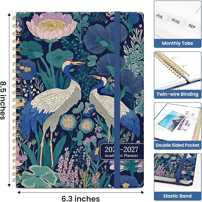 Planner 2026-2027, Academic Year Monthly and Weekly Calendar Planner, Jul 2026 - Jun 2027, Hardcover Teacher Student Planning Agenda book with Tabs, Perfect for School Office Supplies, 6.3" x 8.5" - Midnight Cranes