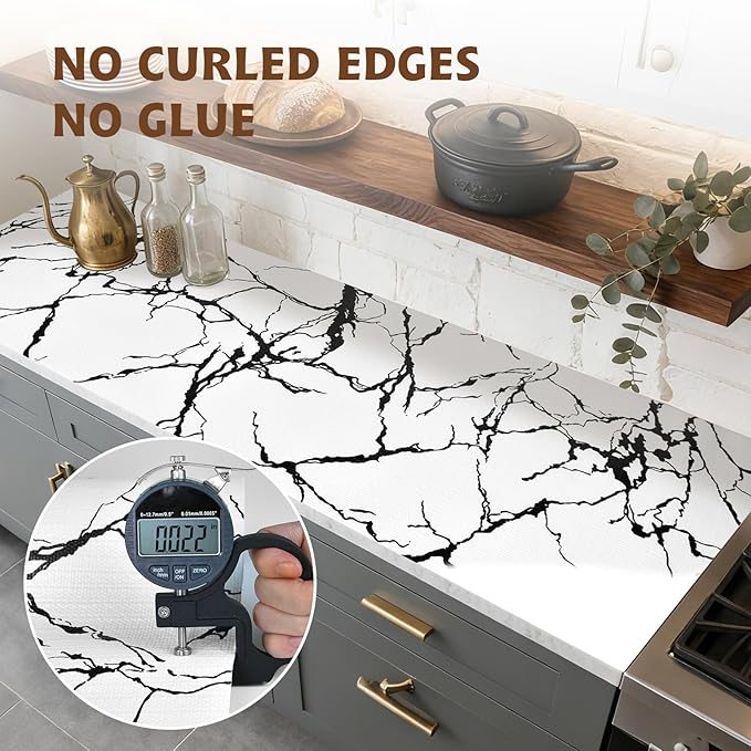2-Layer Drawer and Shelf Liner for Kitchen Cabinet: 12 in X 20 Ft Non Slip Waterproof Shelf Paper Non Adhesive Refrigerator Liners White/Black Marble Easy Liners for Bathroom with Knife Tape Measure