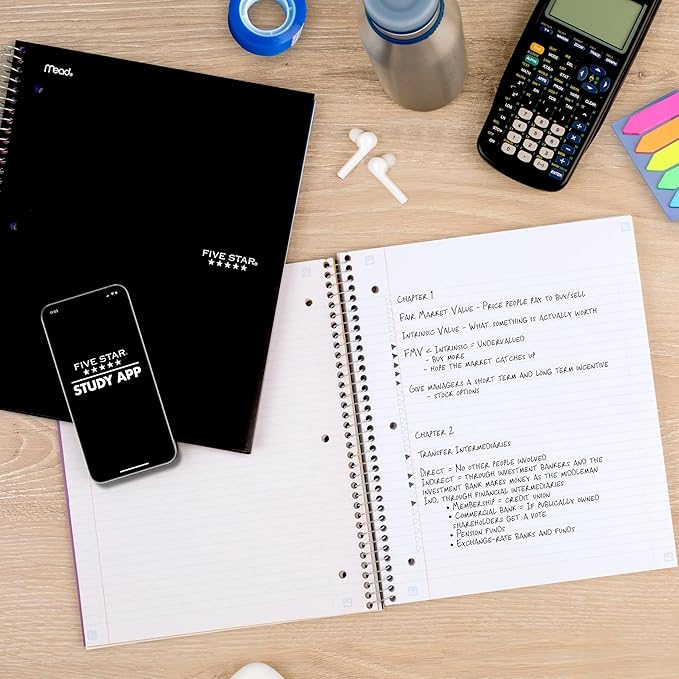 Five Star Spiral Notebook + Study App, 5 Subject, College Ruled Paper, 8-1/2" x 11", 200 Sheets, Fights Ink Bleed, Water Resistant Cover, Black (72081)
