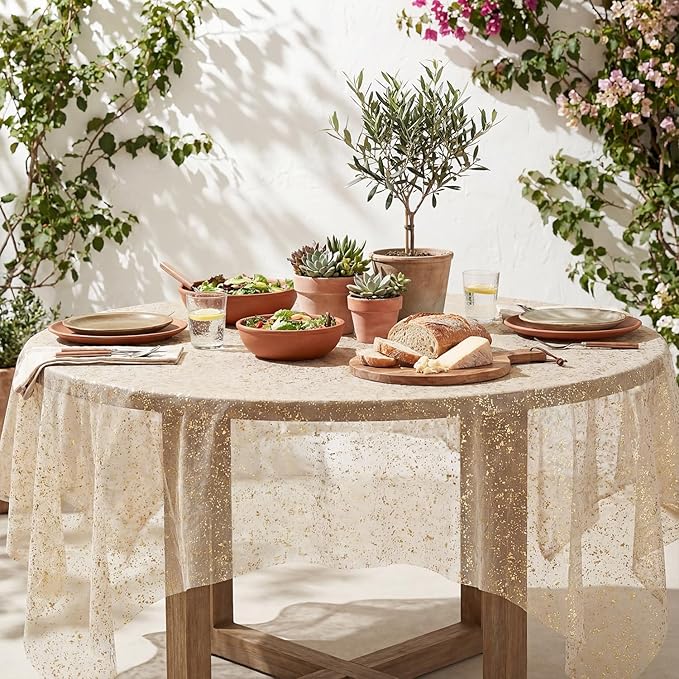 Horaldaily Apricot Gauze Tablecloth 60x60 Inch Square, Golden Sequin Glitter Metallic Foil, Sheer Tulle Cheesecloth for Wedding Baby Shower Ceremony Birthday