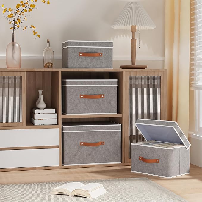 YheenLf Storage Baskets with Lids and Double Handles, Linen Foldable Storage Bins, 17.7 x 11.8 x 11.8 Inch Closet Organizer Boxes for Laundry Bedroom, Grey, 3-Pack