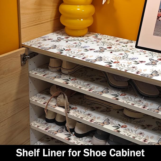 Floral Shelf Liners Non Adhesive 16IN x 20FT and Strong Non-Slip Shelf and Drawer Liners for Kitchen Cabinet Wire Fridge, Waterproof Shelf Drawer Liner,Easy to Clean,Butterfly