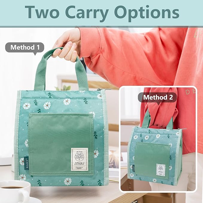 Lunch Bag for Women Men, Reusable Leakproof Lunch Tote with Thermal Lining, 7L Insulated Portable Lunch Box Cooler Bag for Work, Office, Picnic, Beach & Travel –Green Flower(2PACK)