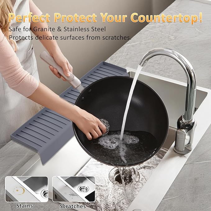AyNirser Sink Edge Protector with Suction Cup 14" 20" 24" 30", Silicone Sink Splash Guard for Kitchen & Bathroom, Protect Countertop from Scratches, Stains, for Stainless Steel Granite Quartz-Grey
