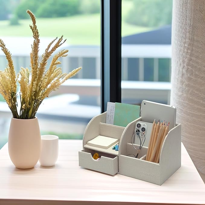 UnionBasic Desk Organizer, Multi-functional Leather Desktop Office Organizer, Pen Holder - Business Card/Pen/Pencil/Mobile Phone/Stationery Holder Storage Box, Beige