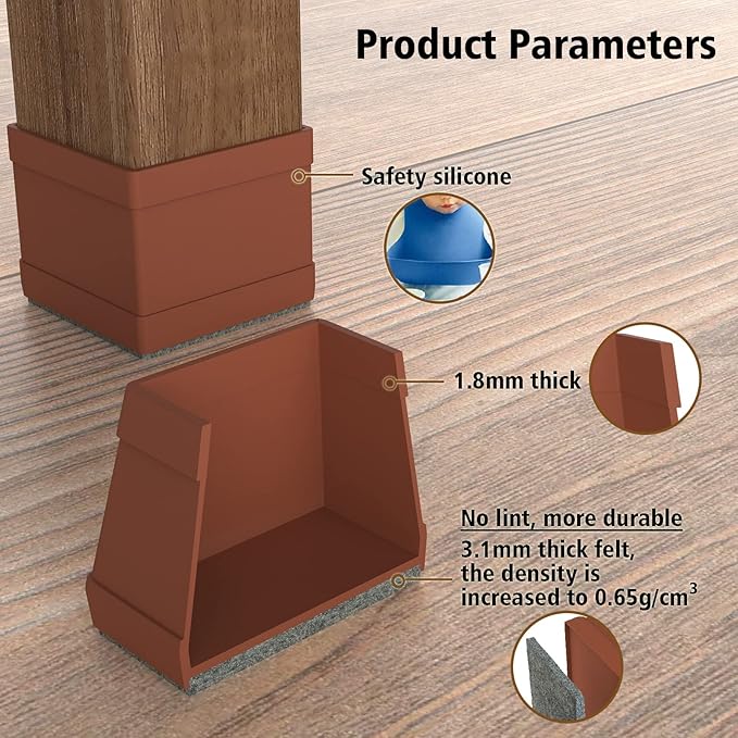 16 Pcs Square Chair Leg Protectors for Hardwood Floors, Silicone Felt Furniture Pads Non Slip,Free Moving Table Leg Covers,Chair Protectors for Wooden Floors. Brown