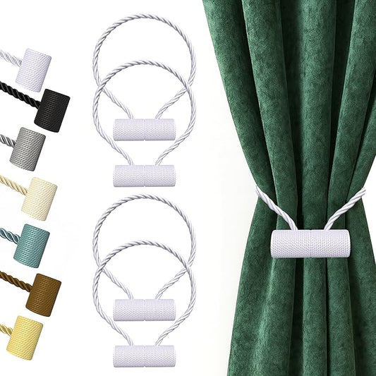 Hion Magnetic Curtain Tiebacks White 4 Pack, Curtain Tiebacks Buckles Holdbacks Holders Hooks Clip for Home Bedroom Office