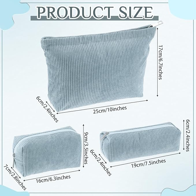 3 Pcs Makeup Bag Set for Women Corduroy Cosmetic Pouch Aesthetic Smile Travel Toiletry Bag Cute Purse Pouch Pencil Case Makeup Brushes Storage Organizer for Christmas(Blue,Solid Style)